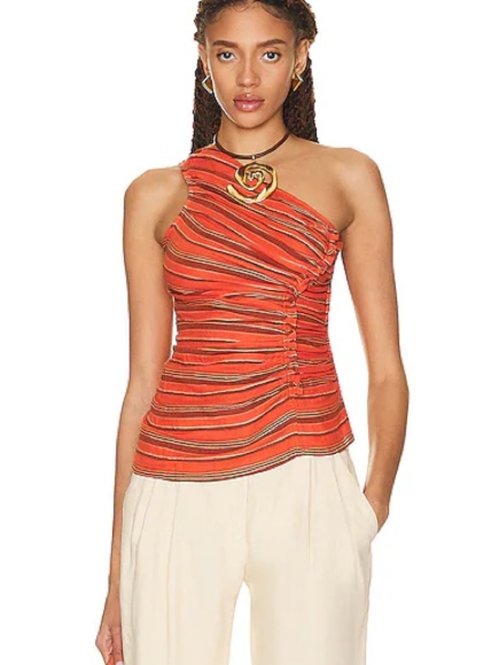 Ulla Johnson One-Shoulder Orange Striped Ruched Tank Top